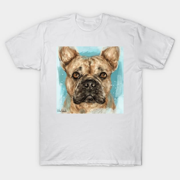 Loose Painting of a Brown French Bulldog on Light Blue Background T-Shirt by ibadishi